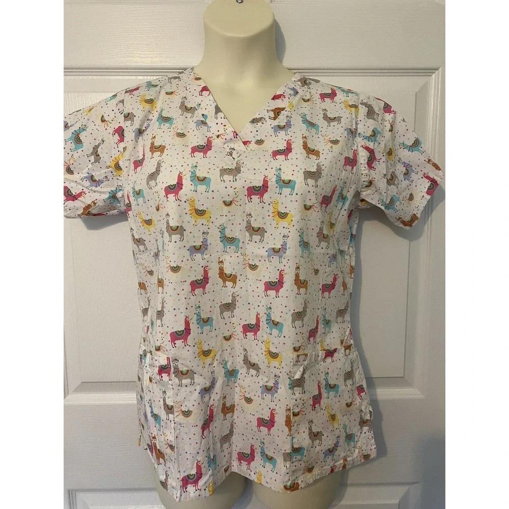 Colorful Party Llamas Scrub Top Women's Medium Tasha And Me Brand - Picture 1 of 10